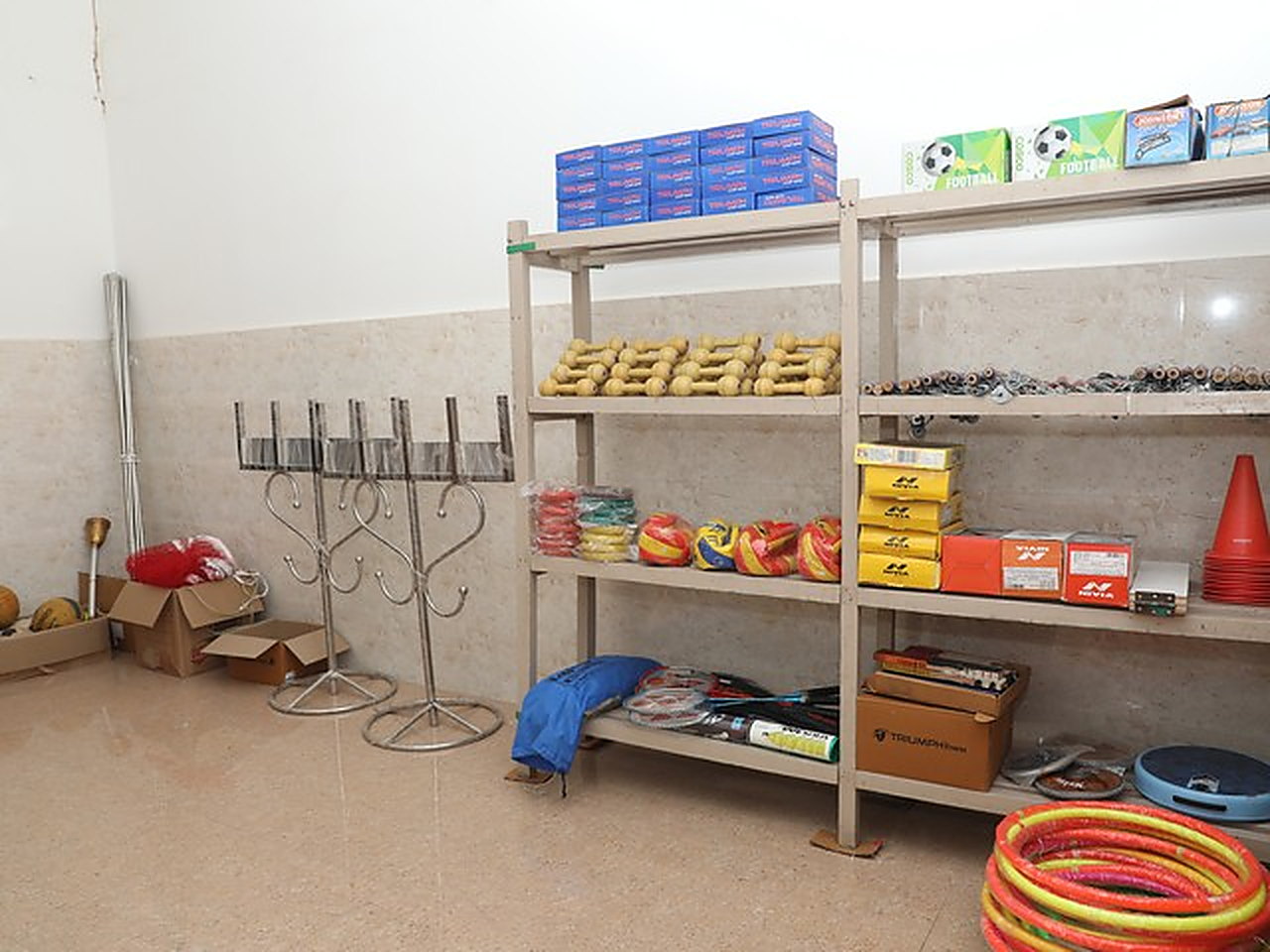 The sports store, shelved with balls, bats and hoops